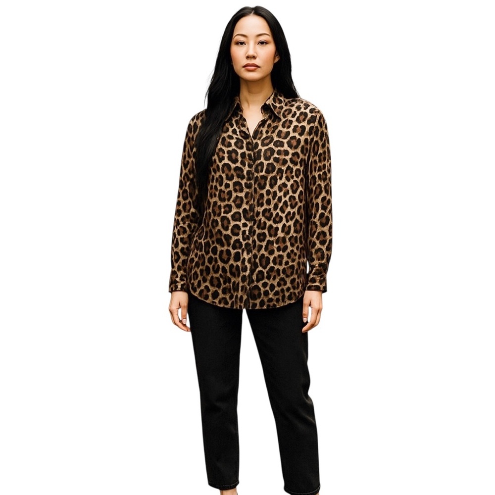 Indigo Rose Blouse Womens Size‎ L Brown Leopard Safari Chic Button Sophisticated
